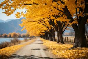 Ginkgo Allee im Herbst, Ginkgo Bäume durch das Fluss, golden im Farbe. ai generativ foto