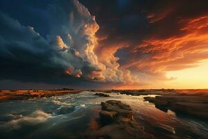 ein stürmisch Himmel und Wolken reflektiert im Wasser. ai generativ foto