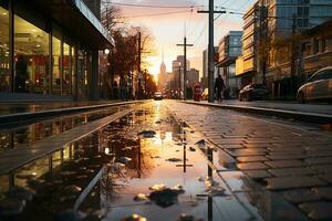 sonnig Tag nach das Regen, städtisch live, modern Stadt. ai generativ foto