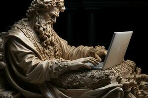 griechisch Statue von ein Kaiser mit Tragen ein Notizbuch beim seine Seite. ai generativ foto