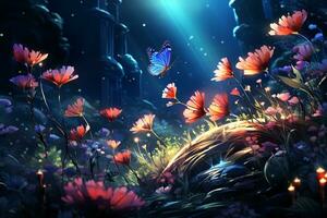 Blume Wiese, Anime Stil, Schmetterling. ai generativ foto