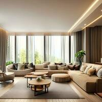 luxuriös Leben Zimmer im ein modern Wohnung mit schön Kaffee Tabelle ai generativ foto