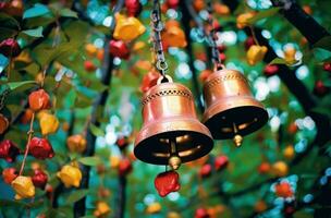 Glocken hängend von ein Baum, Weihnachten Konzept, Digital Illustration. generativ ai foto