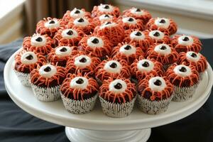 appetitlich und schrecklich Cupcakes dekoriert zu Halloween wie Spinnen mit Süßigkeiten Augen foto
