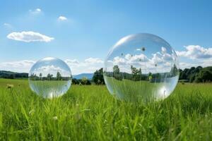 Kristall groß Bälle auf ein Hintergrund von Grün Natur. speichern das Umfeld. Erde Tag Konzept foto