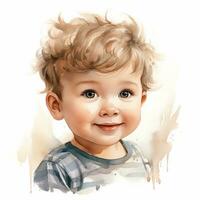 Aquarell Zeichnung von ein süß Baby. Porträt von ein süß wenig Vorschule Junge. ai generiert foto