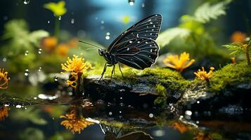 Schmetterling im ein Strom in der Nähe von Grün Pflanzen im das See generiert durch ai foto