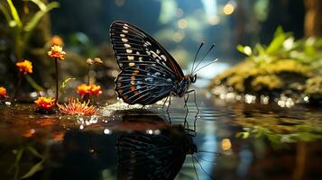 schön Schmetterling im ein Strom in der Nähe von Grün Pflanzen generiert durch ai foto