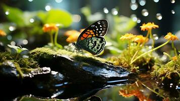 schön Schmetterling im ein Strom in der Nähe von Grün Pflanzen generiert durch ai foto