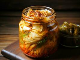 ai generiert Koreanisch Kimchi Küche, fermentiert Gemüse mit verschiedene Gewürze. foto