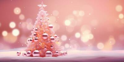 ai generiert Rosa Weihnachten Baum mit Flitter hängend auf das Weihnachten Baum mit funkelnd Licht Stelle. foto