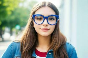 Hipster Schüler Frau tragen Brillen Brille. generativ ai Profi Foto