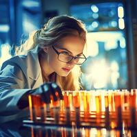 Fachmann weiblich Medizin Wissenschaftler im schützend Brille recherchieren Tube Reagenzien foto