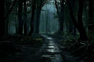 dunkel Wald beim Nacht im Mond leicht.generativ ai foto