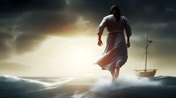 Jesus Christus Gehen auf Wasser über das Meer gegenüber ein Boot. foto