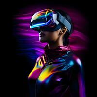 jung Frau tragen ein gemischt Wirklichkeit Headset und erleben Simulation, Metaverse und Cyberspace. foto