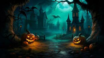 Halloween Kürbisse gegen das Hintergrund von ein unheimlich schrecklich Haus und Wald auf ein dunkel Nacht. Halloween Hintergrund. foto