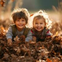 bezaubernd Kinder spielen im Haufen von Herbst Blätter foto