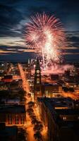 spektakulär Feuerwerk Anzeige Über Innenstadt Gebäude foto
