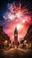 spektakulär Feuerwerk Anzeige Über Innenstadt Gebäude foto