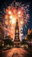 spektakulär Feuerwerk Anzeige Über Innenstadt Gebäude foto