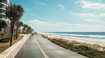 leeren Asphalt Straße neben das Meer Hintergrund, Autobahn neben das Meer, draußen horizontal Bild, generativ ai Illustration foto