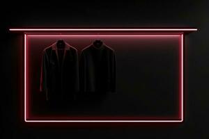 Luxus und modisch Marke Neu Innere von Stoff Geschäft mit Neon- dunkel Hintergrund, Werbung von schwarz Freitag billig Kleidung, generativ ai Illustration foto