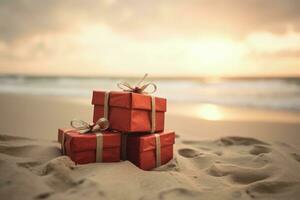 Geschenk Kisten auf das Strand Sand, Weihnachten Konzept. generativ ai foto