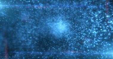 Blau Hintergrund von viele verschwommen Kreise mit Bokeh bewirken von Energie magisch glühend Partikel und Licht Linien abstrakt Hintergrund foto