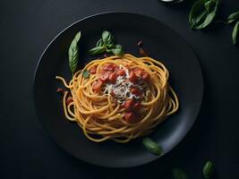 ai generativ Pasta Spaghetti mit Tomate Soße im schwarz Schüssel. foto