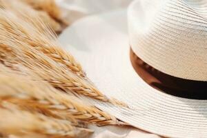 Sommer- Hintergrund mit Stroh Hut und Weiß Sand mit leeren Kopieren Raum foto