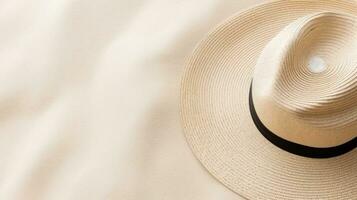 Sommer- Hintergrund mit Stroh Hut und Weiß Sand mit leeren Kopieren Raum foto