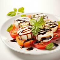 bunt Caprese Salat mit reif Tomaten frisch Mozzarella Basilikum und ein Nieselregen von Balsamico die Ermäßigung isoliert auf ein Weiß Hintergrund foto