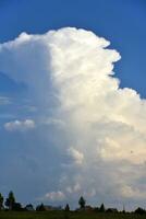 schön Gewitter Landschaft im das Landschaft. Gewitterwolken und ein Horizont mit ein Wald. foto