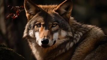 schließen oben von Wolf Gesicht starren und beobachten im das Wiese Natur Hintergrund. ai generiert. foto