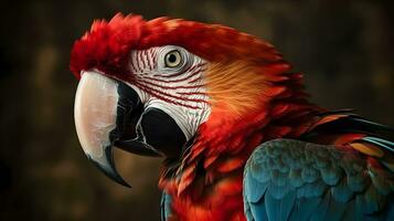 schließen oben Porträt Schuss rot scharlachrot Ara Papagei Vogel Natur verwischen Bokeh Hintergrund. ai generiert. foto