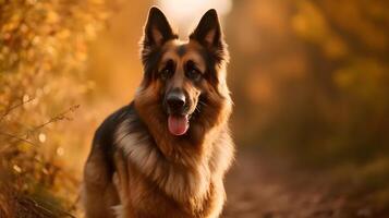 braun schwarz alt Deutsche Schäfer Hund Stand, starren und aussehen beim etwas, Hund Zunge aus, spielen im das Natur, Herbst Jahreszeit. ai generiert foto