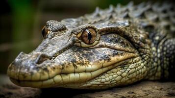 schließen oben Gesicht von Krokodil auf das Boden. ai generiert. foto