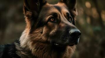 schließen oben braun schwarz alt Deutsche Schäfer Hund Stand, starren und aussehen über, Hund Bewachung, spielen im das Natur. ai generiert foto