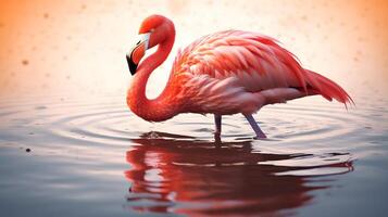 rot amerikanisch Flamingo Vögel im das Wasser und Betrachtung. ai generiert. foto