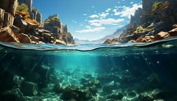unter Wasser Abenteuer Schwimmen mit Fisch im ein tropisch Seelandschaft generiert durch ai foto