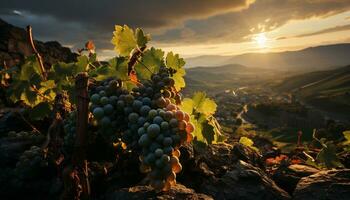 Sonnenuntergang Über ein Weinberg, reif Trauben, Natur Wein machen Meisterstück generiert durch ai foto