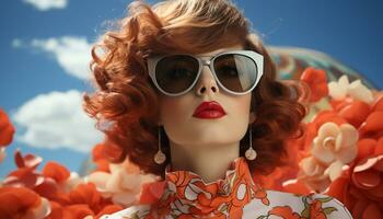 ein modisch Frau mit Sonnenbrille strahlt aus Eleganz und Schönheit generiert durch ai foto