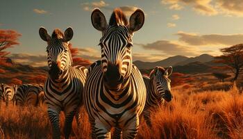 Zebra Herde Weiden lassen auf das Savanne beim Sonnenuntergang, Natur Schönheit generiert durch ai foto