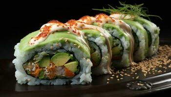 Frische gerollt oben auf ein Platte, gesund Essen mit maki Sushi generiert durch ai foto