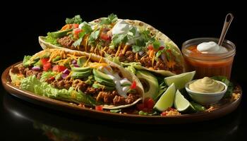 gegrillt Rindfleisch Taco mit Guacamole, Tomate, und frisch Koriander generiert durch ai foto