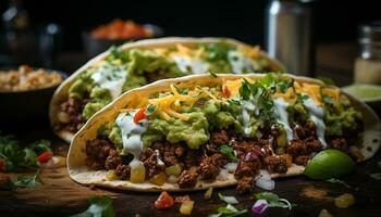 Frische und würzen Treffen im diese hausgemacht Mexikaner Guacamole Taco generiert durch ai foto