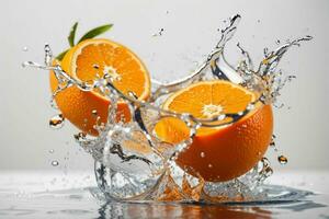 Wasser Spritzen auf Orange Frucht. ai generativ Profi Foto