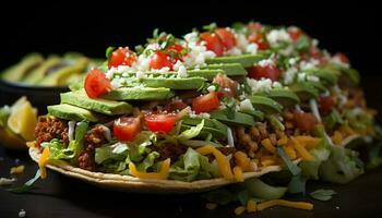 Frische auf ein Teller Gourmet Salat, gegrillt Fleisch, hausgemacht Guacamole generiert durch ai foto