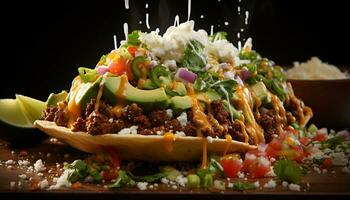 Frische und Geschmack explodieren im diese Gourmet Mexikaner Rindfleisch Taco generiert durch ai foto